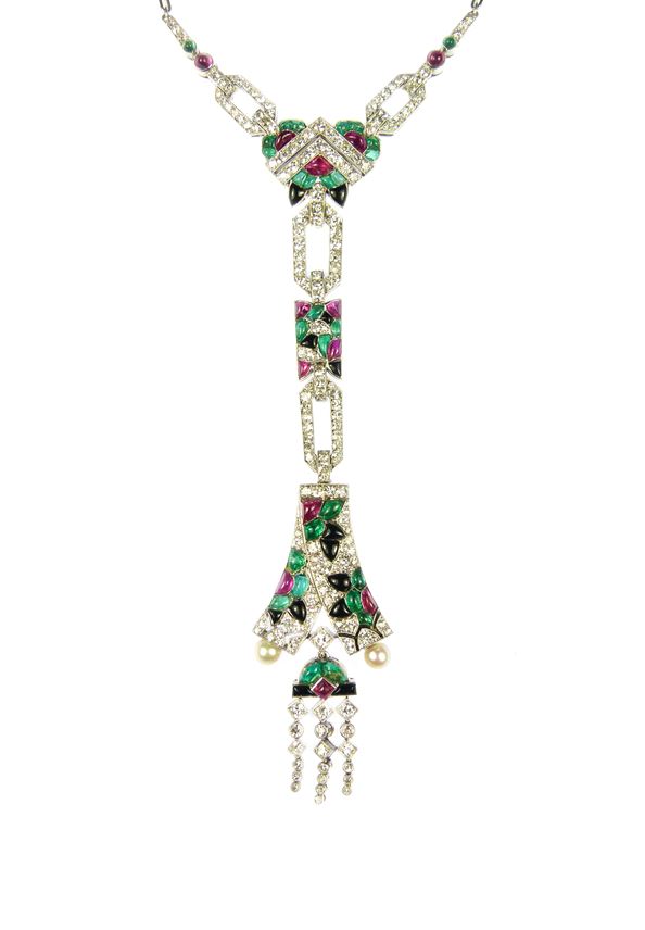Diamond, ruby, emerald, onyx and pearl pendant watch necklace with Vacheron &amp; Constantin movement | MasterArt